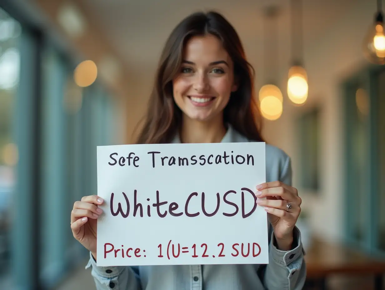 An American beauty holds a sign that says cryptocurrency exchange safe transaction website name [whitecoins] price[1U=1.2USD]