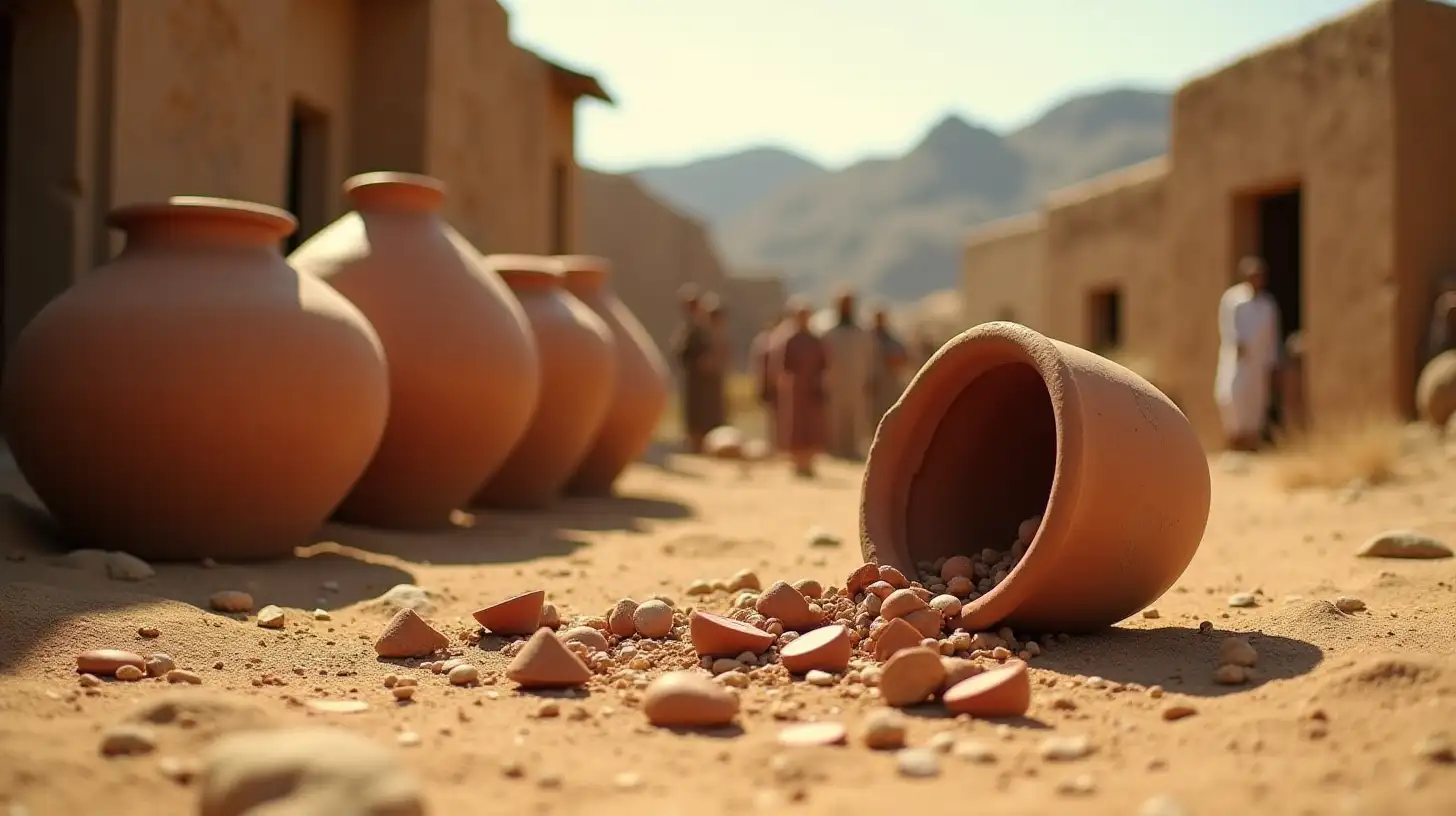 Biblical Era Scene Group Examining Smashed Earthen Pottery