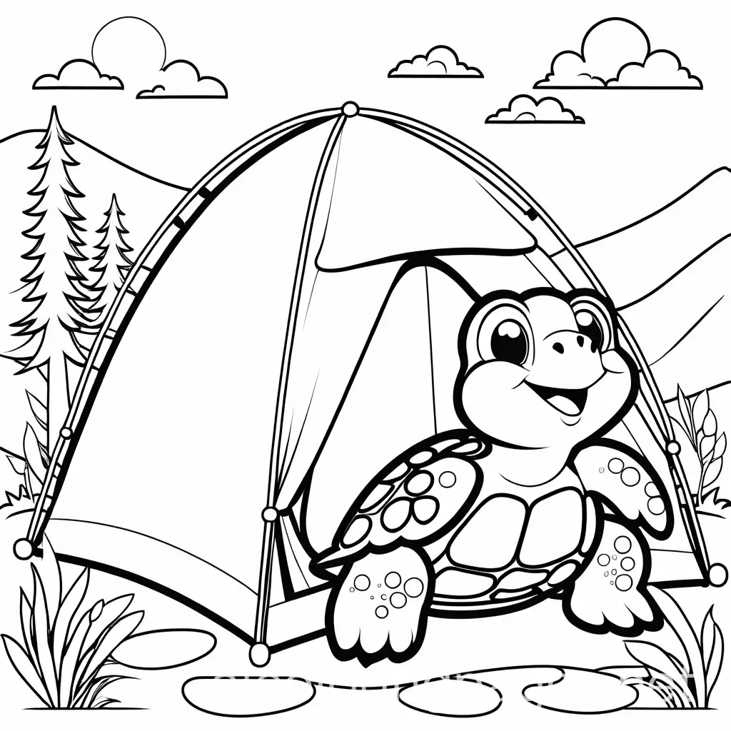 friendly, cartoon, turtle, camping, Coloring Page, for coloring book, black and white, line art, white background, Simplicity, Ample White Space. The background of the coloring page is plain white to make it easy for young children to color within the lines. The outlines of all the subjects are easy to distinguish, making it simple for kids to color without too much difficulty