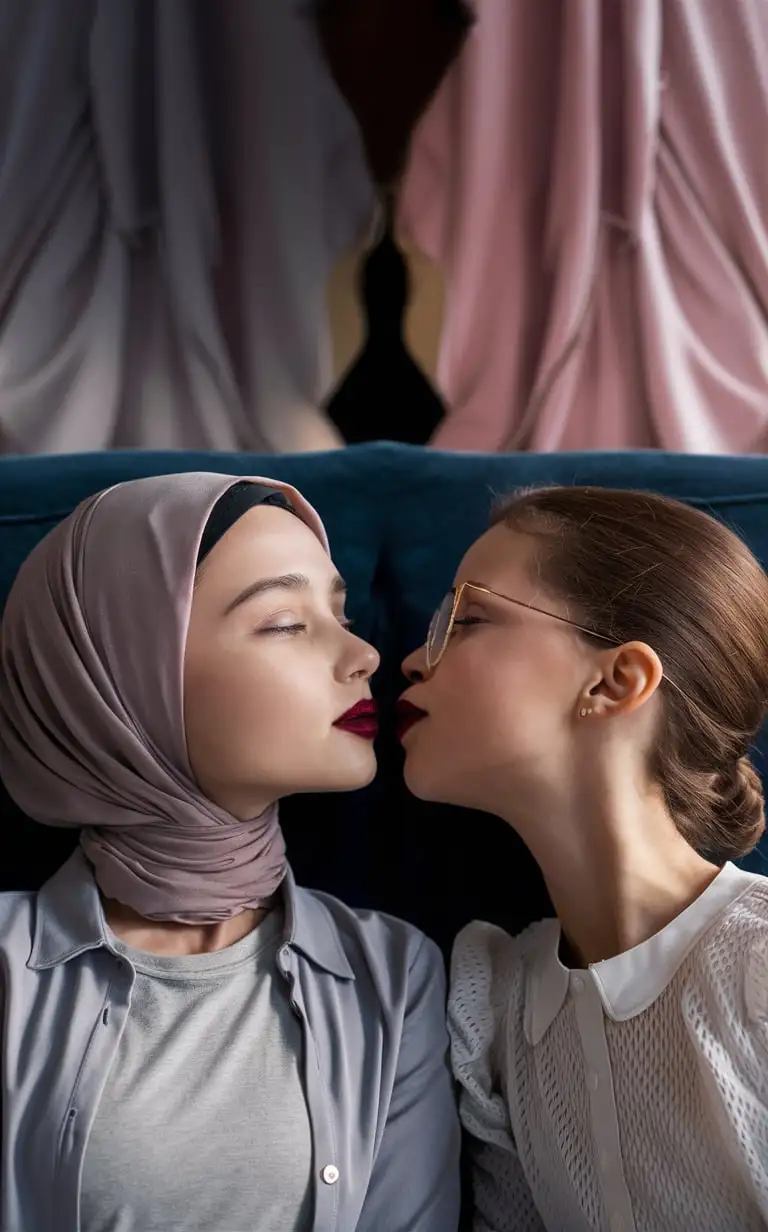 2 most beautiful teenage girls. 18 years old. She wears a hijab,  shirt, She is beautiful. They sit on the sofa. petite, plump lips. Elegant, pretty, burgundy lips, soft eyes, bony face, top view, glasses. Kiss close up