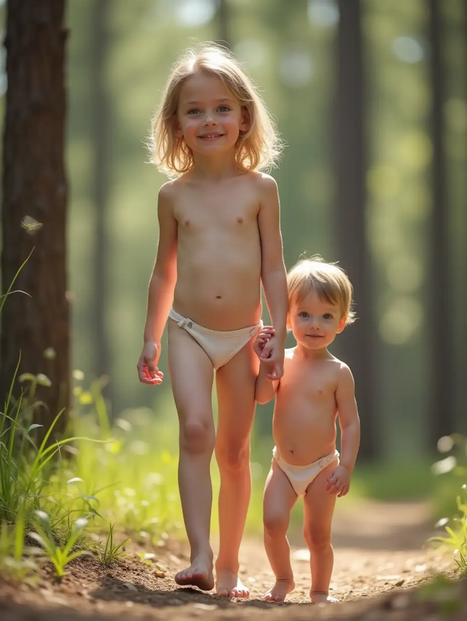 Skinny-Little-Girl-Walking-in-a-Sunny-Pine-Forest-Holding-Hands-with-Another-Child