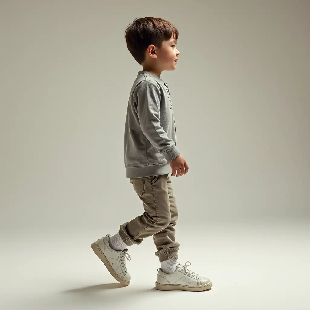 A 13-year-old boy walking in white shoes, side view, highlighting the shoes, real shot, delicate,