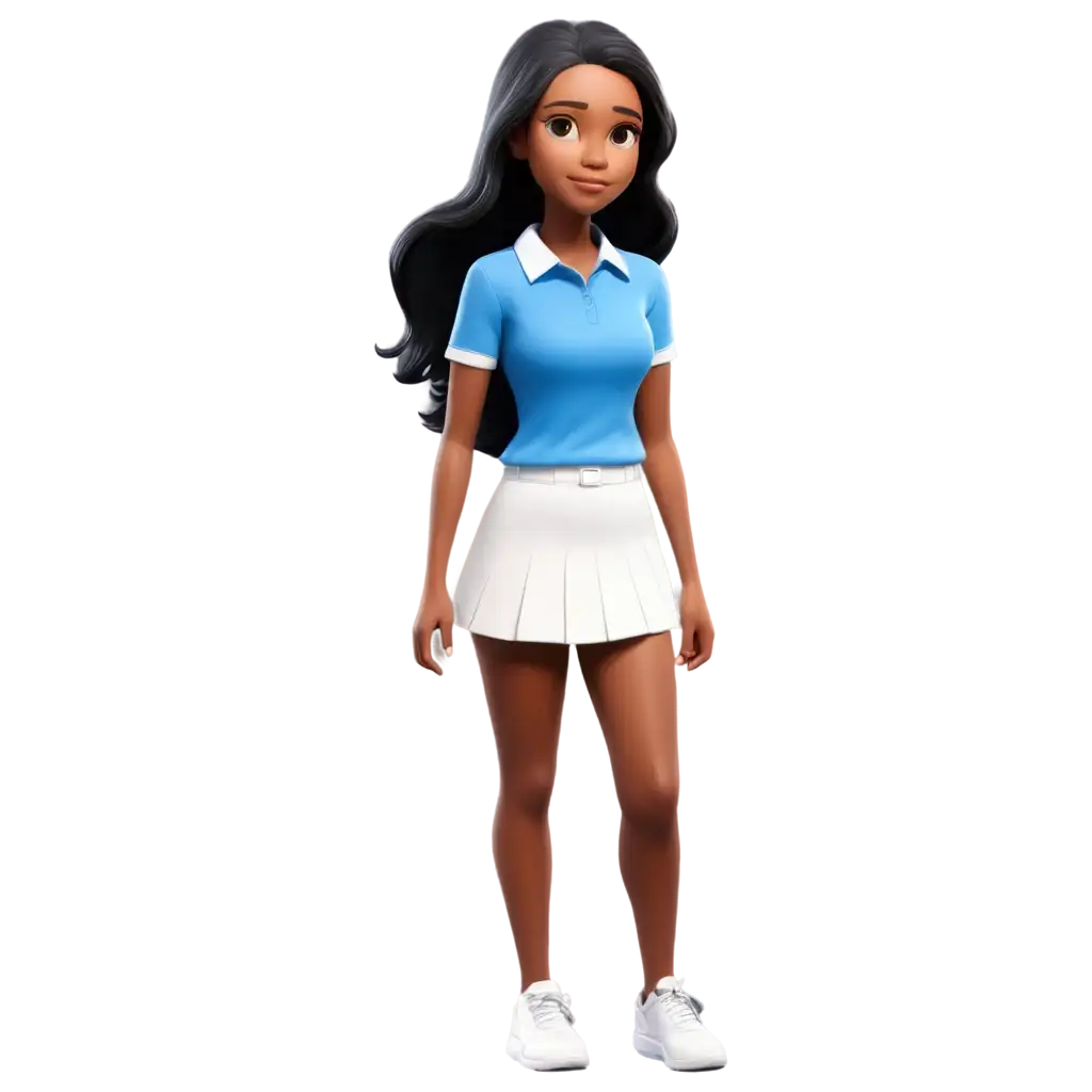 Cute-Cartoon-Girl-PNG-Black-Hair-Blue-Polo-Shirt-White-Skirt-and-Shoes