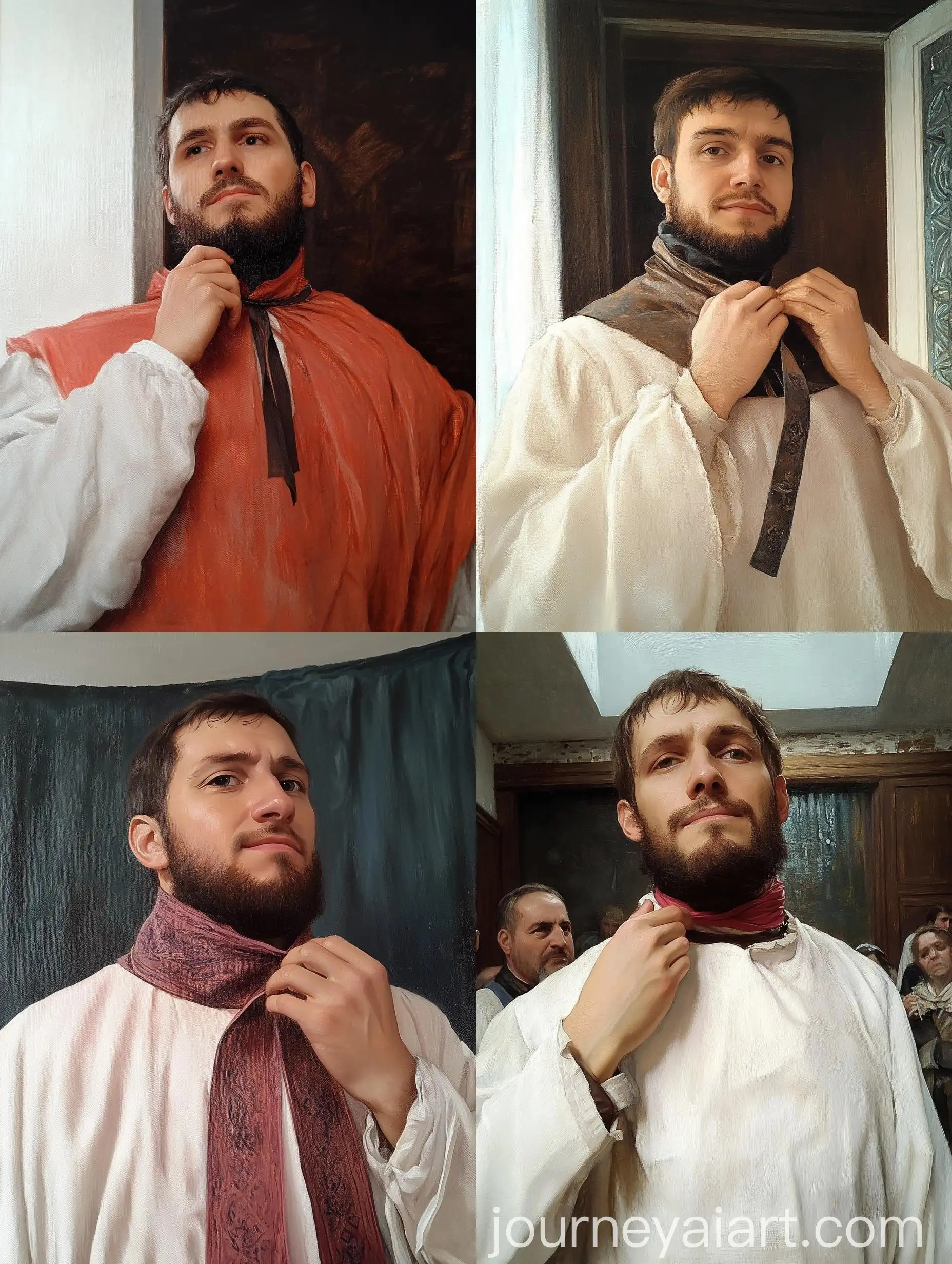 Medieval-Man-Adjusting-Loop-Necklace-in-Oil-Painting