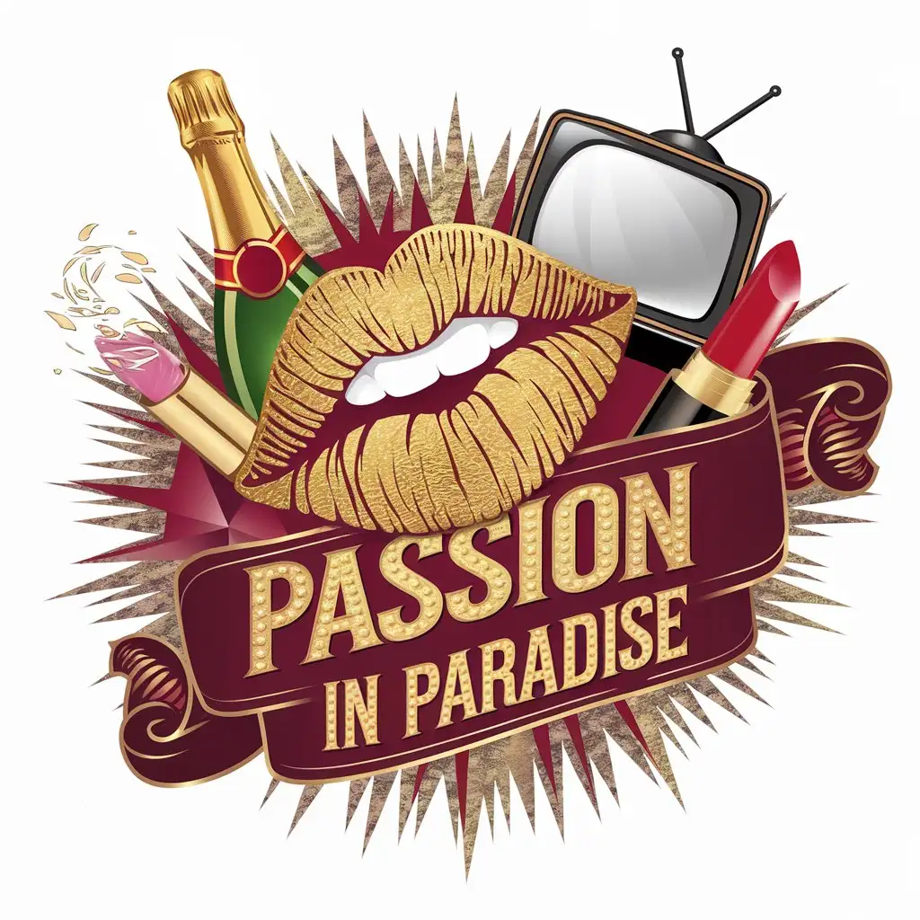 LOGO Design for Passion in Paradise Golden Kiss Mouth Champagne Lipstick and TV Theme for Entertainment Industry