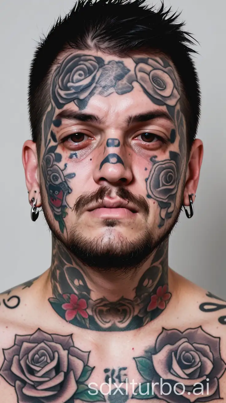 man frontal view with tattoos everywhere in his face
