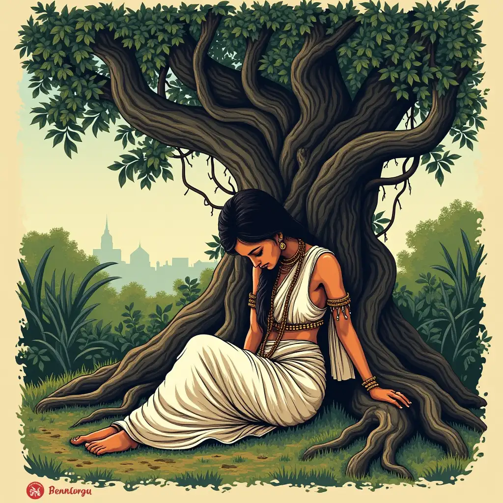 IN BLOCK PRINT STYLE,Lord Sita Devi, without a crown, vintage-style white garment, worn with age, with a sad expression, bows her head below, sitting under an ancient, gnarled tree with twisted roots, surrounded by lush greenery, amid the mystical  Lanka Kingdom.