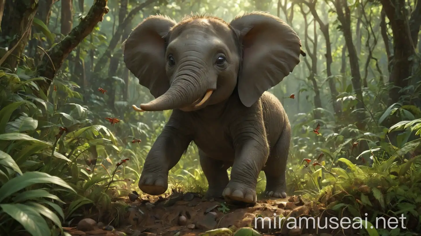 Chaotic Scene Arrogant Baby Elephant Stomping Ants in Lush Forest