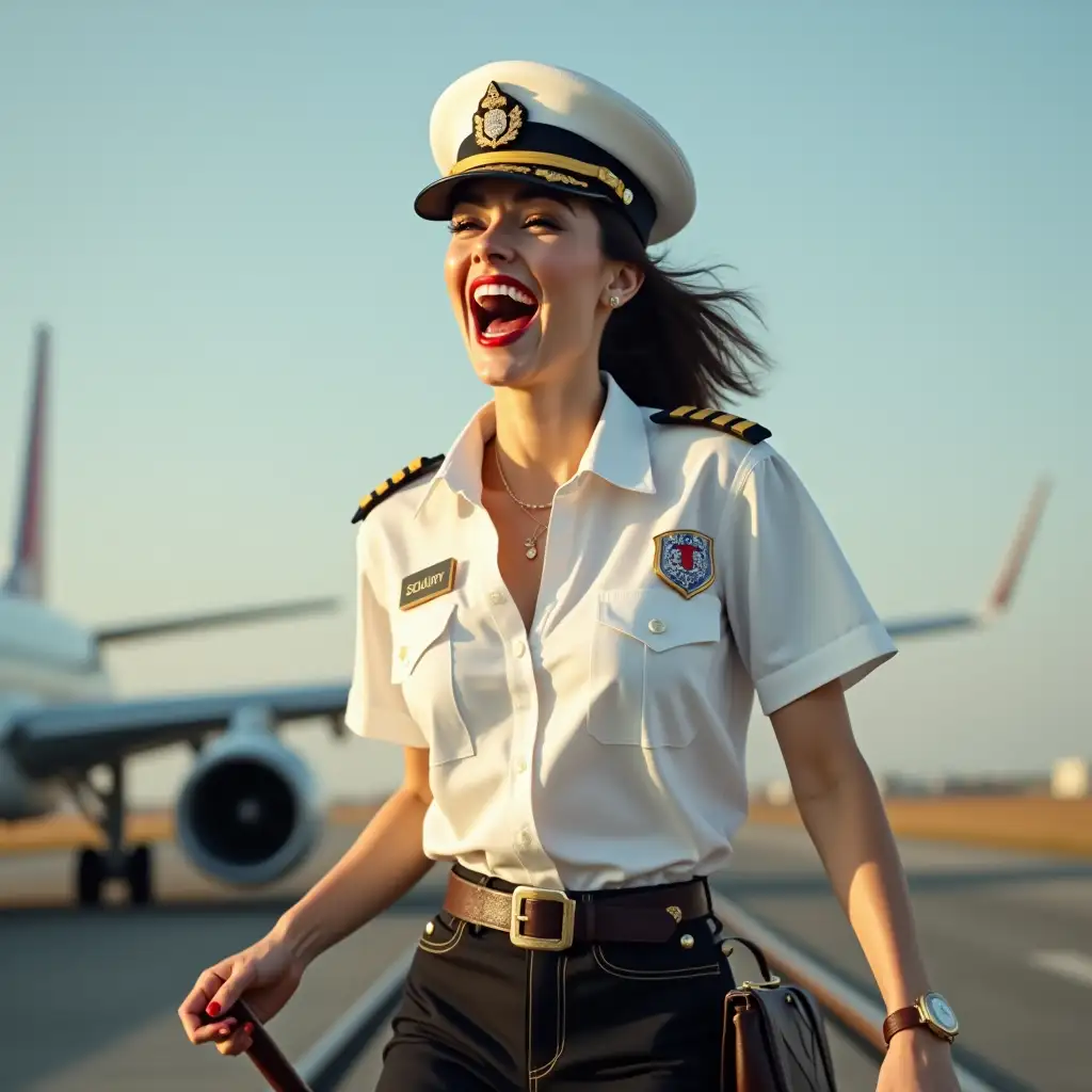 screaming pilot lady , in white unbuttoned airport security shirt, laughing with her mouth open, red lipstick accentuating her smile,belt on waist, jewerly, white skin, HD, holds long riding crop, photo-realism, walking on rails