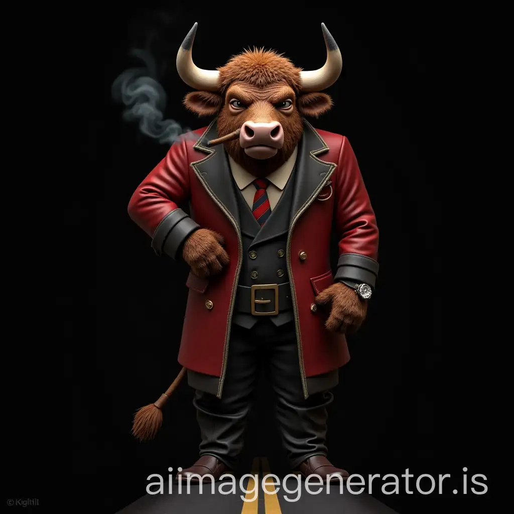 Buff-Bull-in-Costume-with-Cigar-Road-Watch-and-Ring-on-Black-Background
