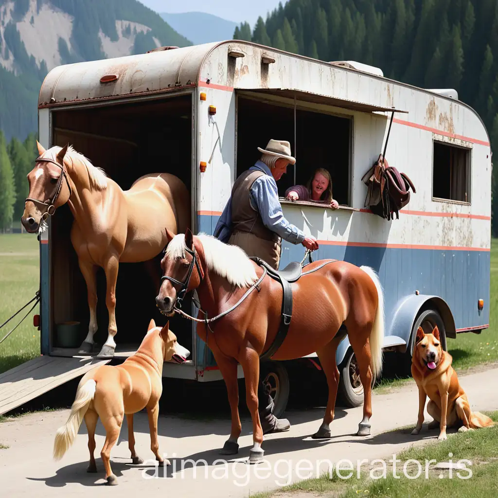 an old trailer of travelers who play with horses and dogs