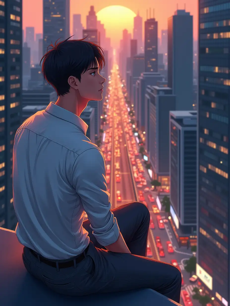 An anime-style illustration of a handsome and hunky adult man sitting on the edge of a tall urban building at twilight. He is dressed in a crisp, well-fitted white shirt with the sleeves casually rolled up to his elbows, paired with sleek grey trousers, exuding a polished yet relaxed look. His posture is composed, with one knee bent and an arm resting casually on it, as he gazes out at the sprawling city below. The streets beneath are alive with chaos—busy roads filled with honking cars, hurried pedestrians, and the glow of city lights reflecting the relentless pace of urban life. Tall skyscrapers surround the scene, their windows glowing with activity, emphasizing the bustling nature of the world below. Despite the noise and motion, the man radiates an aura of calm and detachment, as if observing the hectic lives of others from a realm of serenity. The soft breeze tousles his hair slightly, and his expression carries a thoughtful, introspective depth, embodying the contrast between the world’s chaos and his inner peace. The warm tones of the setting sun blend with the cool hues of the cityscape, creating a visually striking and emotionally evocative moment.