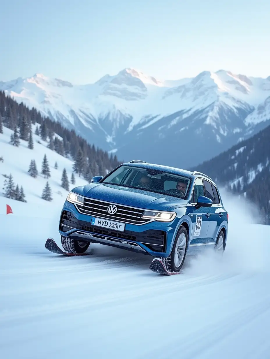 charge: blue VW touareg FL with number 555 is gliding on mountain skis