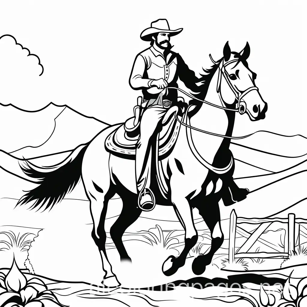 a cowboy riding along in the old west, Coloring Page, black and white, line art, white background, Simplicity, Ample White Space. The background of the coloring page is plain white to make it easy for young children to color within the lines. The outlines of all the subjects are easy to distinguish, making it simple for kids to color without too much difficulty