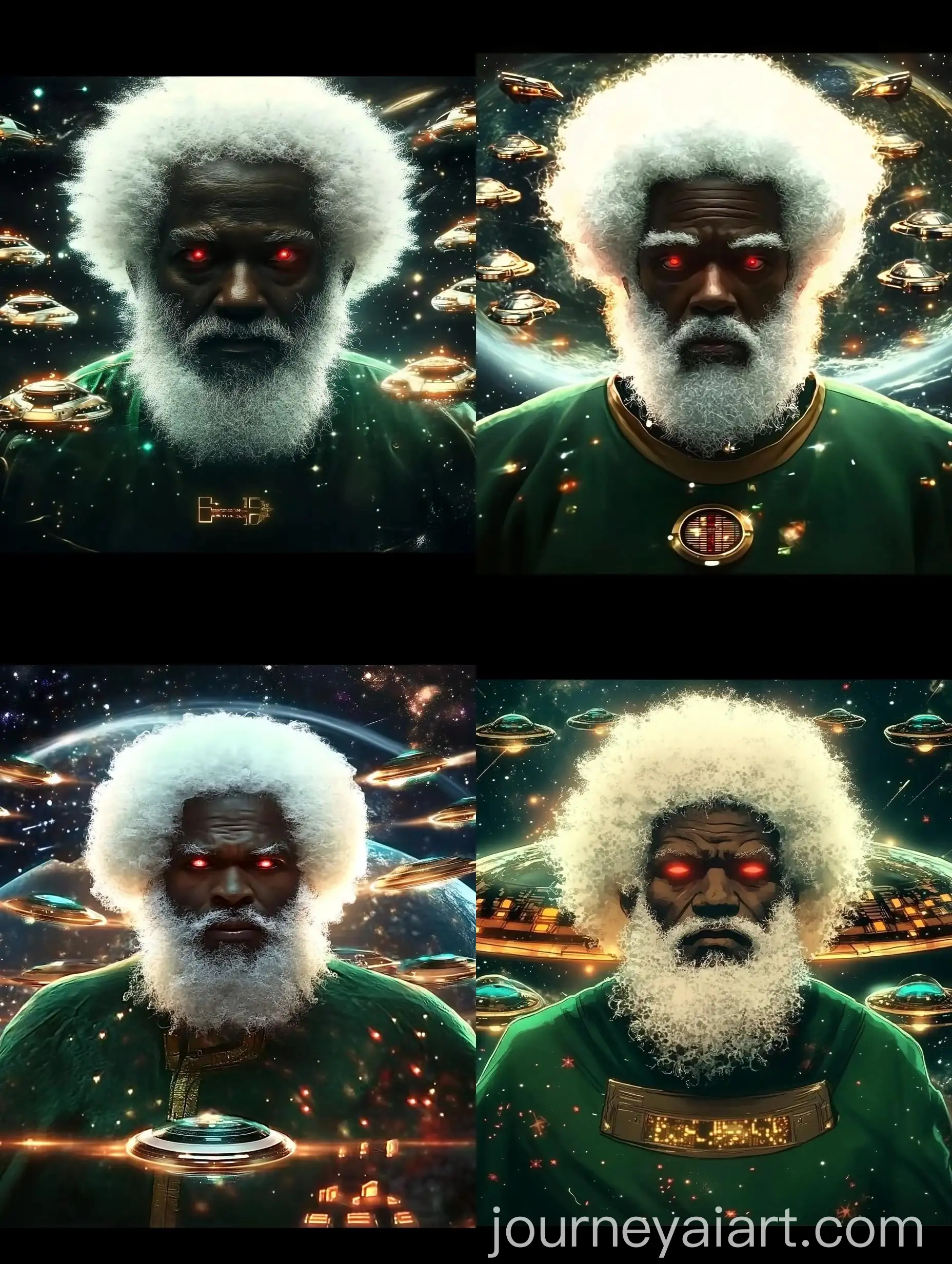 African-American-Man-with-White-Afro-and-Beard-Standing-on-UFO-in-Space