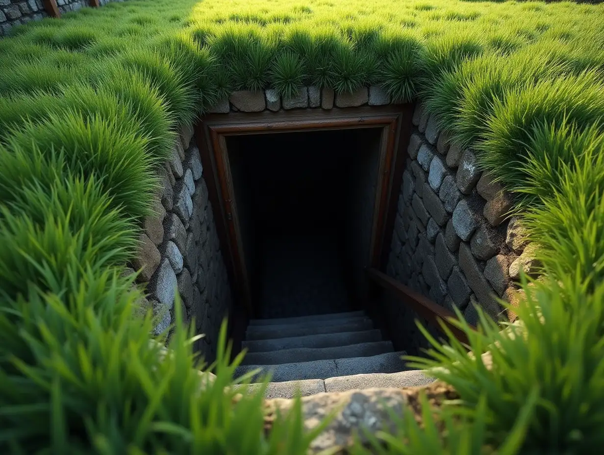 grass, garden and grass with a 1.5 meter door in it, with the door open. view into dark hole with stairs downstairs