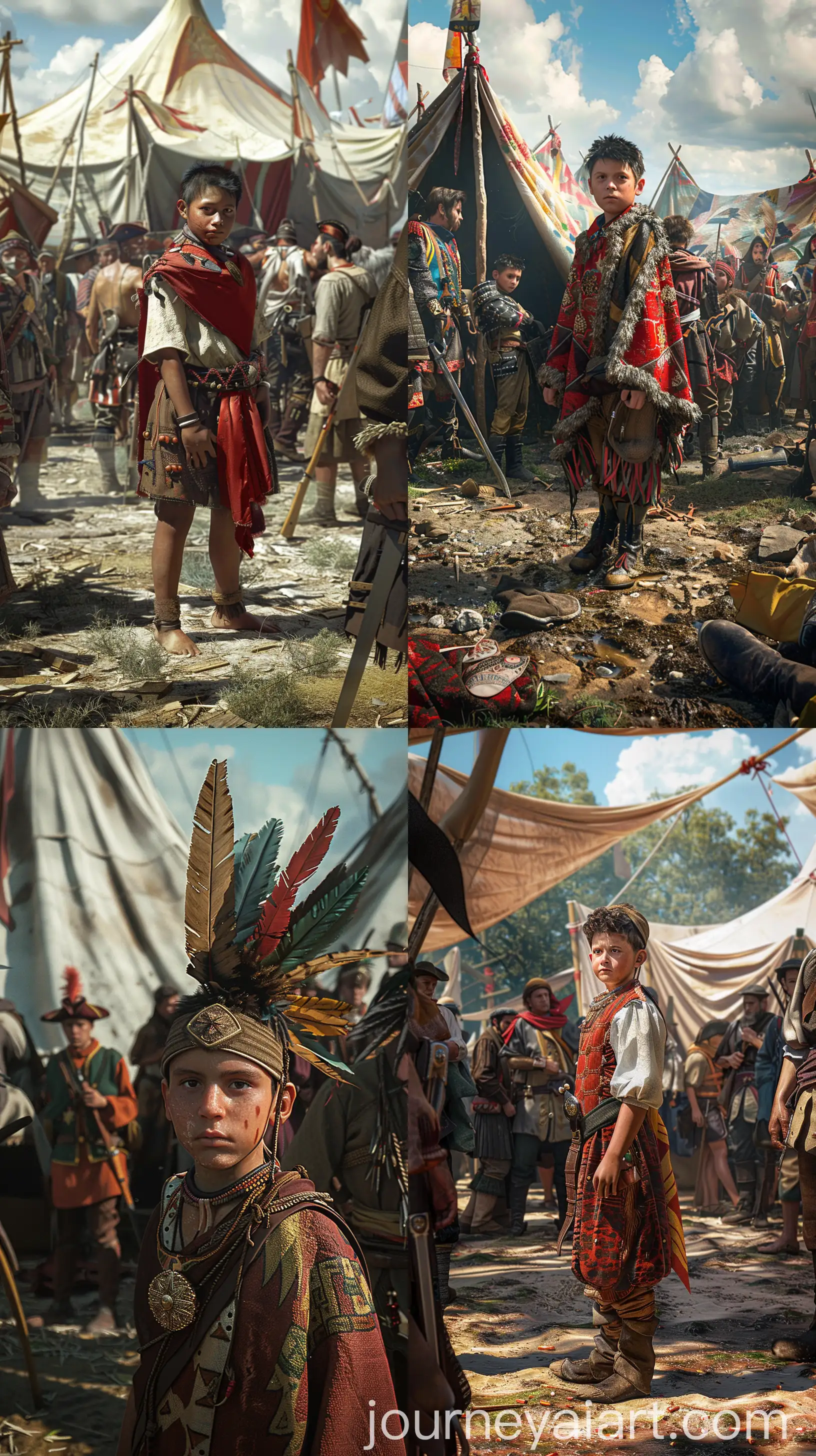 Mapuche-Boy-Captured-by-Spanish-Soldiers-in-Vibrant-3D-Camp-Scene