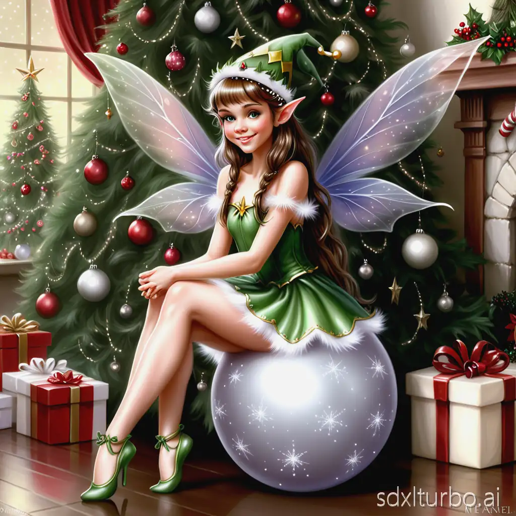 a fairy sitting on top of a ball next to a christmas tree, little elf girl, elf girl, by Marie Angel, elfin beauty, by Nene Thomas, beautiful fairy, beautiful fairie, fairy magnificent, elf princess, teen elf girl, brunette elf with fairy wings, fairytale artwork, an elf, traditional art, presents, smiling as a queen of fairies