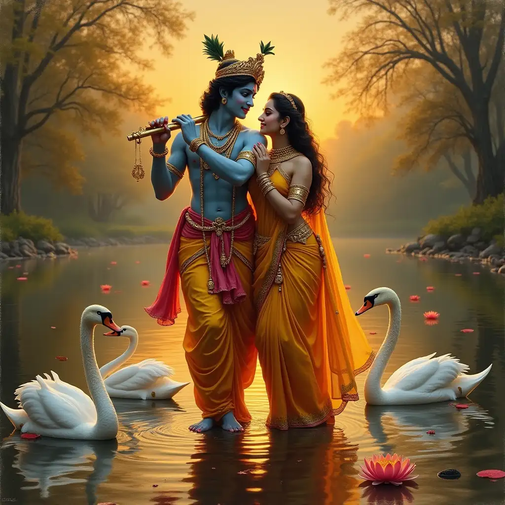 An oil painting hyperrealistic front pose image of lord krishna playing the flute and goddess Radha leaning on his left shoulder. Both standing in the middle of a pond with swans around them and water lillies. Sunset effect in the background