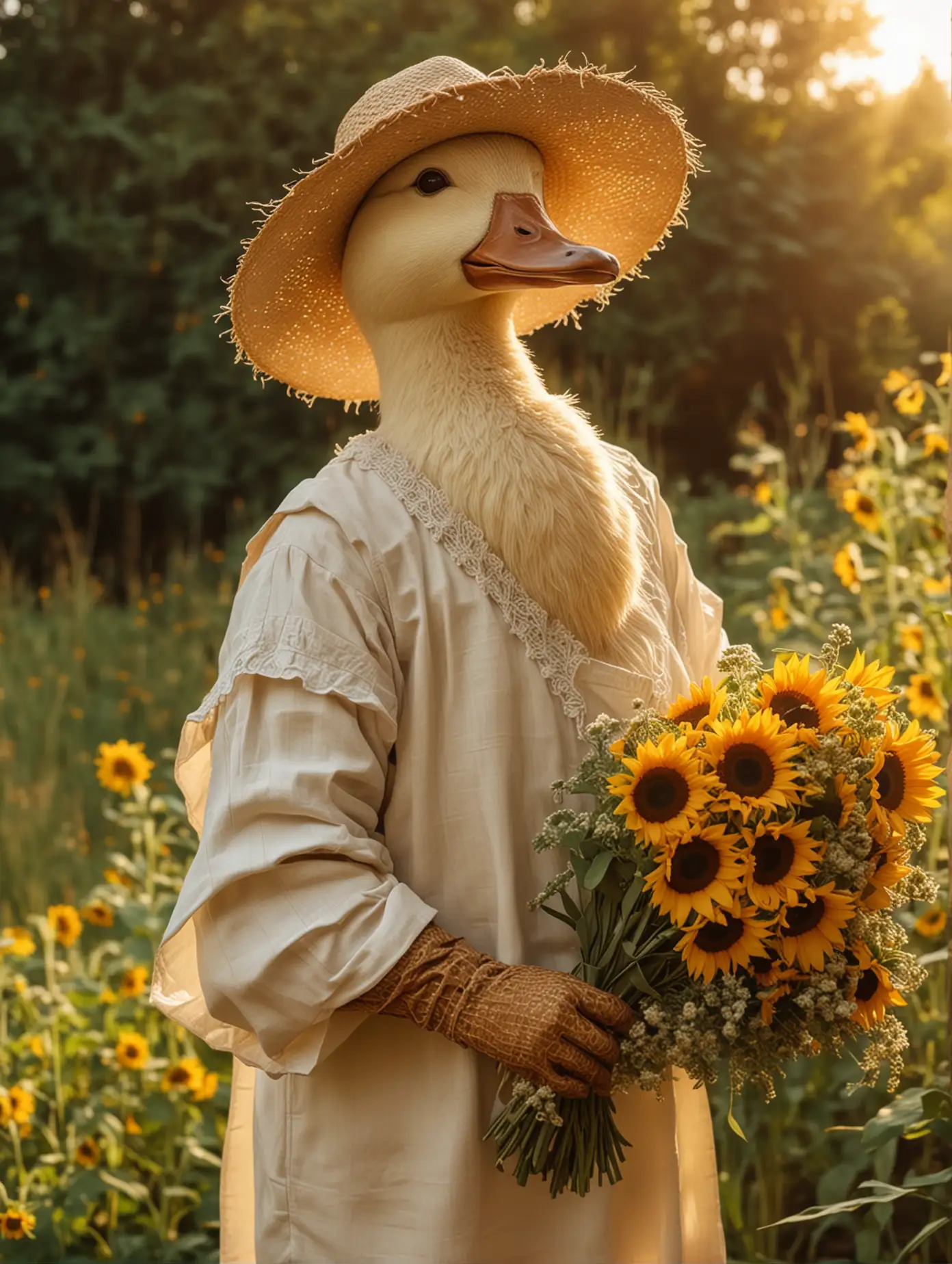 Boho-Style-Duck-Holding-Sunflowers-in-Warm-Evening-Light