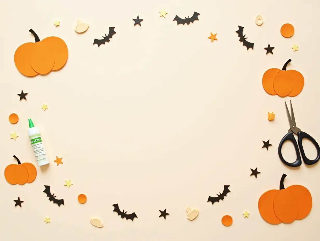 Cuts of paper for Halloween. Hand cut paper. Pumpkins. Scissors and glue. On a light background. Top view. Flat lay. DIY. Step by step. Trick or treat.