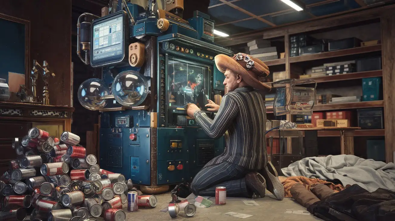 Photograph of a guy with a funny hat using a complex machinery with screen, glassy spheres, gears, messy place, piles of cans, messy bed on the floor, realistic, high detailed