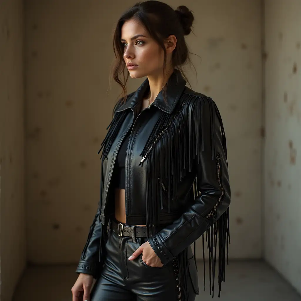 German young woman in side laced leather pants and fringed leather jacket