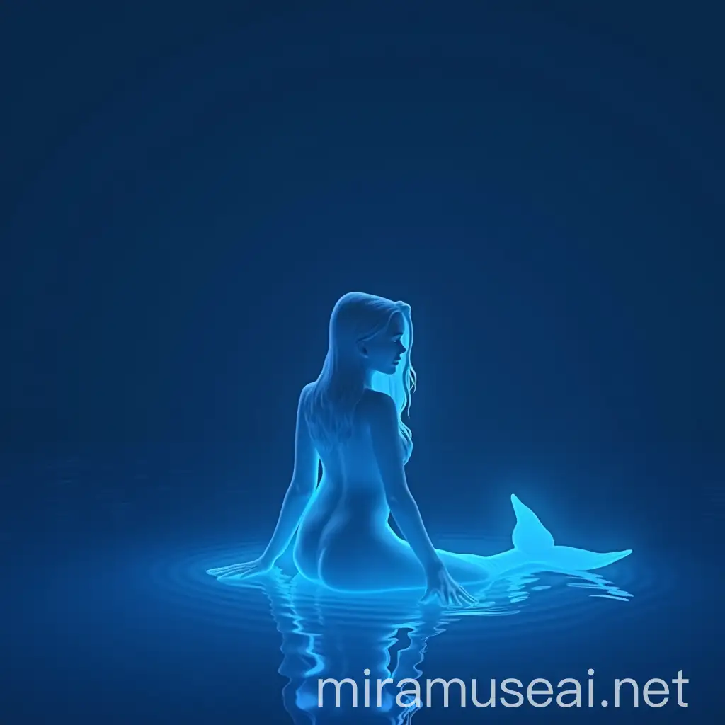 Minimalist 3D Illustration Mermaid in Blue Digital Light Suit at Midnight Ocean