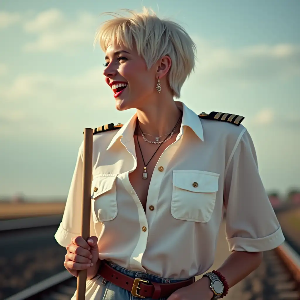 white norvegian lady, in white deep-necked air pilot shirt, laughing with her mouth open, red lipstick accentuating her smile,belt on waist, big wide hips, chest are fully grown, jewerly, short hair, HD, enjoying on the rails, holding a long riding stick, photo-realism