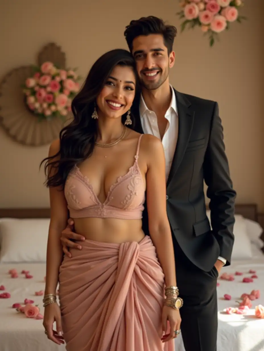 Romantic-Indian-Couple-in-Half-Saree-Embrace-in-Stylish-Bedroom-Setting