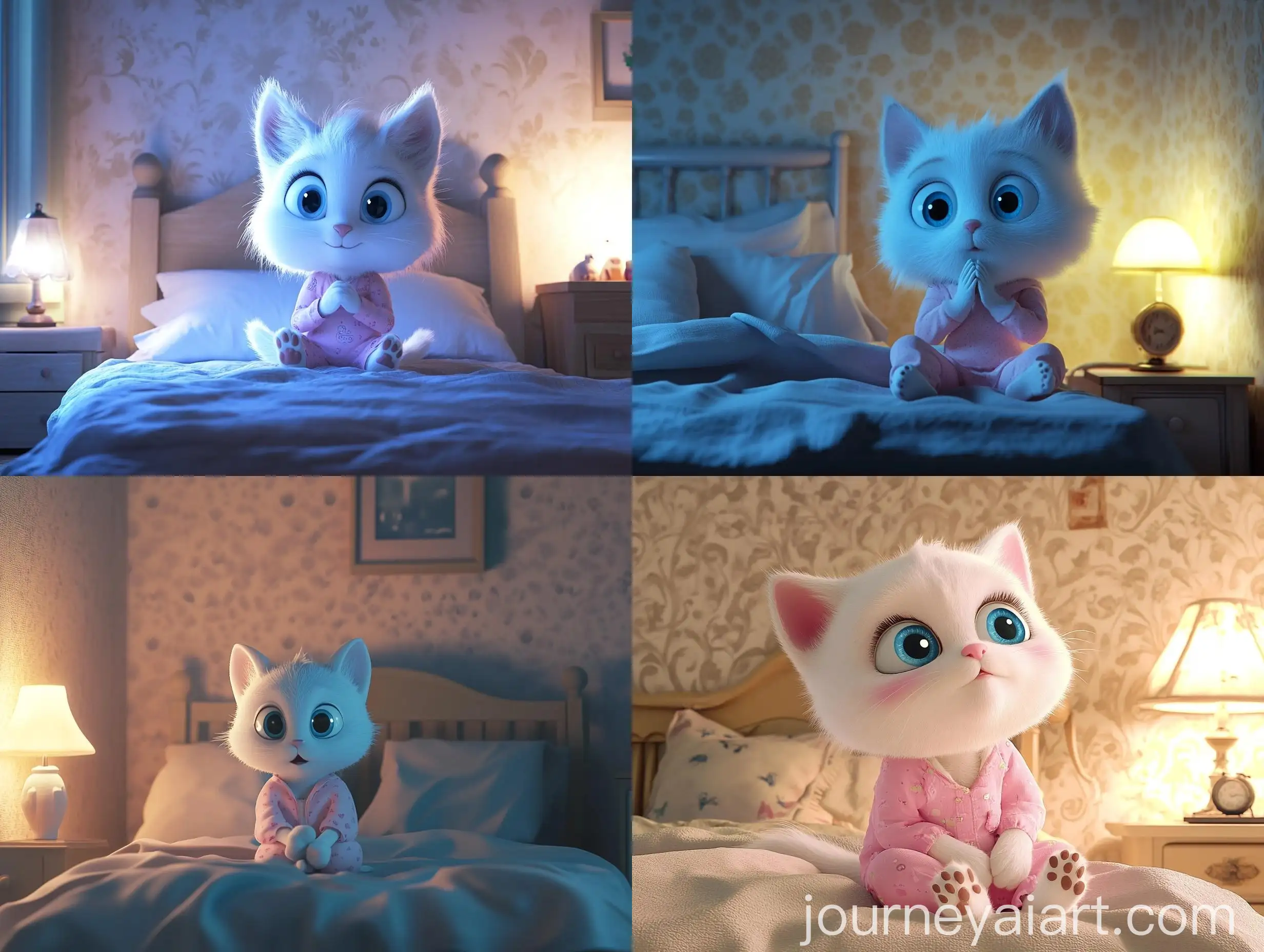 Whimsical-Disney-Style-Digital-Art-of-a-White-Cat-Girl-in-Pink-Pajamas-in-Dimly-Lit-Bedroom