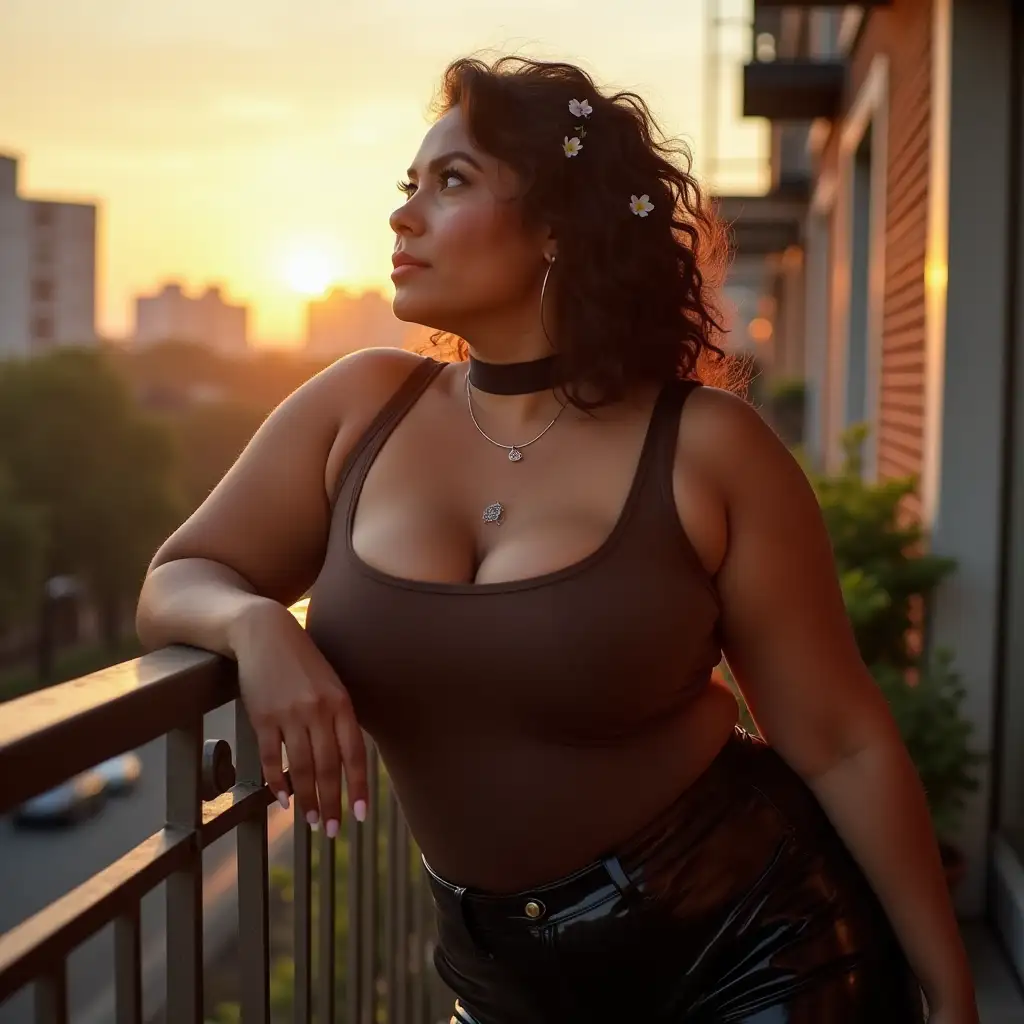 Confident-Curvy-Woman-in-Reflective-Black-Latex-Outfit-on-City-Balcony-at-Sunset