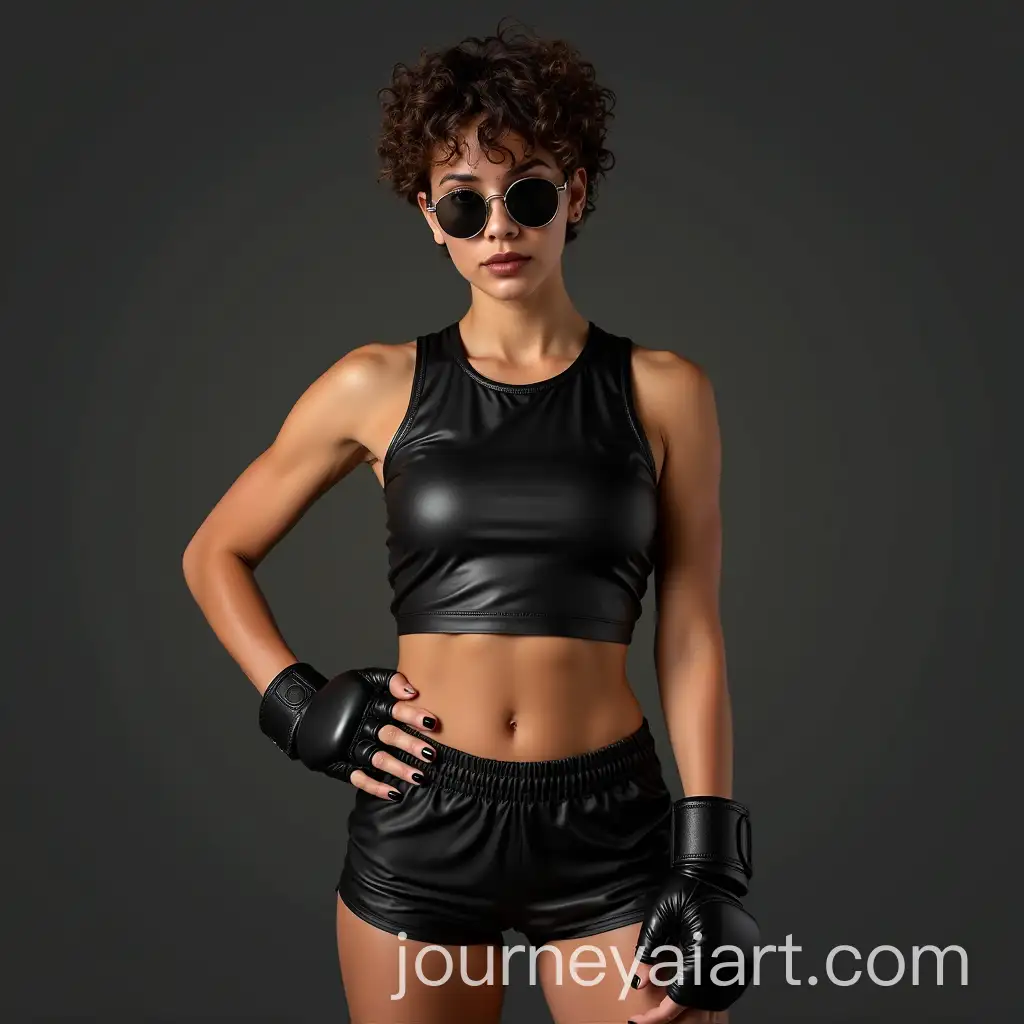 Athletic-Woman-in-MMA-Gear-with-Short-Curly-Hair-and-Sunglasses