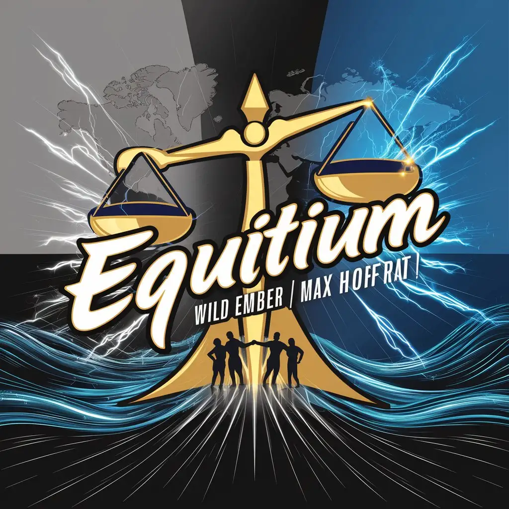 LOGO Design For Equitium Wild Ember Max Hofrat Dynamic Grey Gold Blue with Scales of Justice and Radiant Script