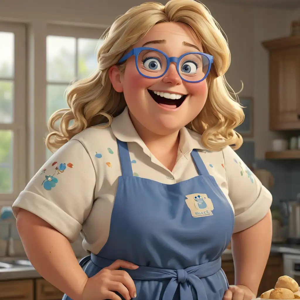 Joyful MiddleAged Woman in Blue Glasses and Apron with Blonde Hair