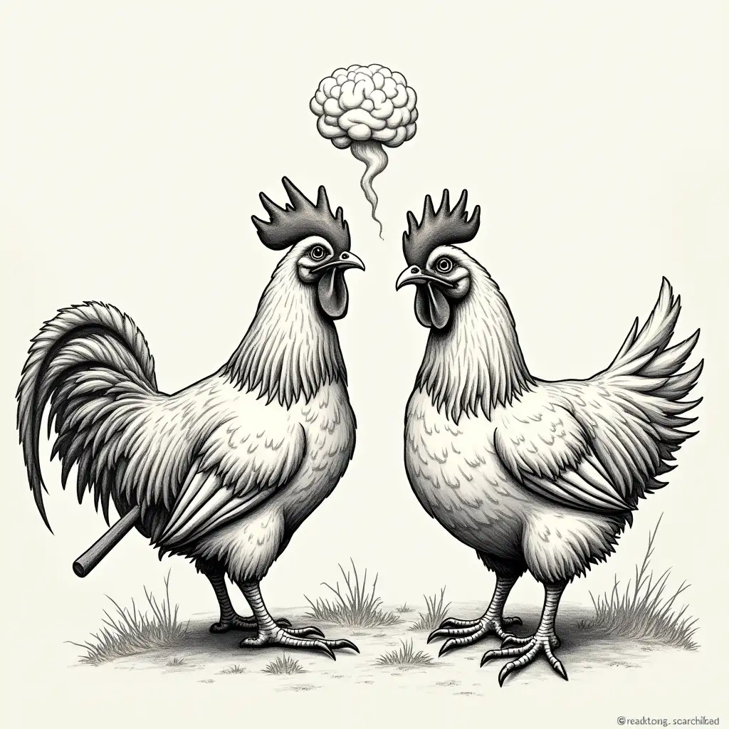 Two-Hens-Holding-Axes-with-a-Higher-Mind-in-the-Background