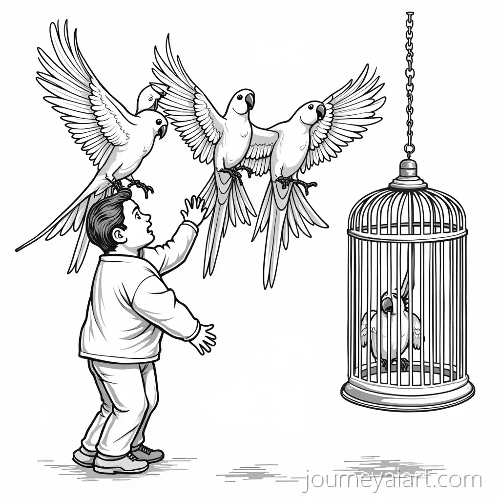 Person-Releasing-Three-Parrots-from-a-Cage-in-Black-andParrot-release-engraving-art-White-Engraving-Style