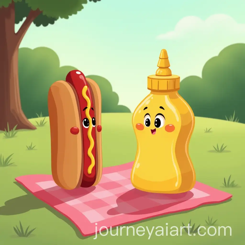 Hotdog-and-Mustard-Bottle-Cartoon-Characters-Talking-in-the-Park