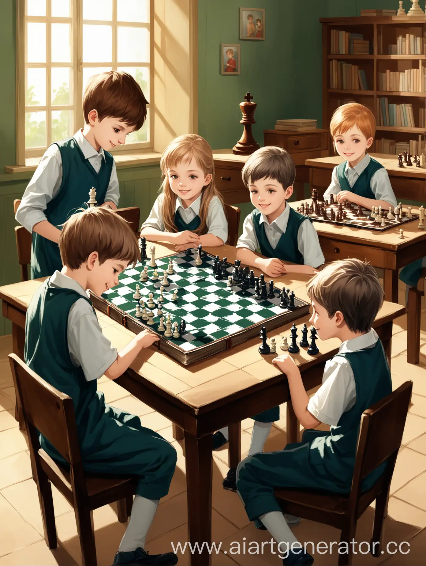 Children-Playing-Chess-in-a-Joyful-Chess-Room