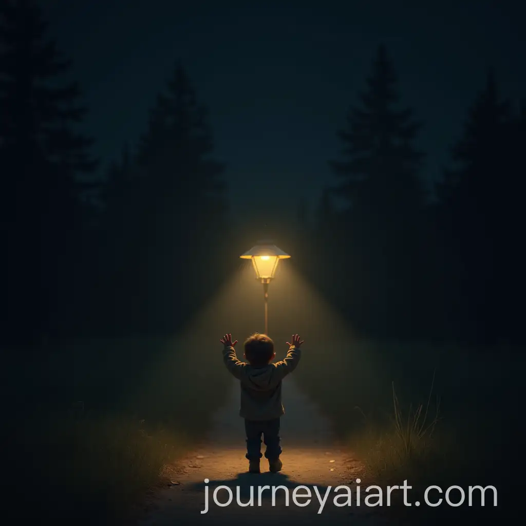 Child-Reaching-for-a-Glowing-Lamp-in-the-Dark-Night