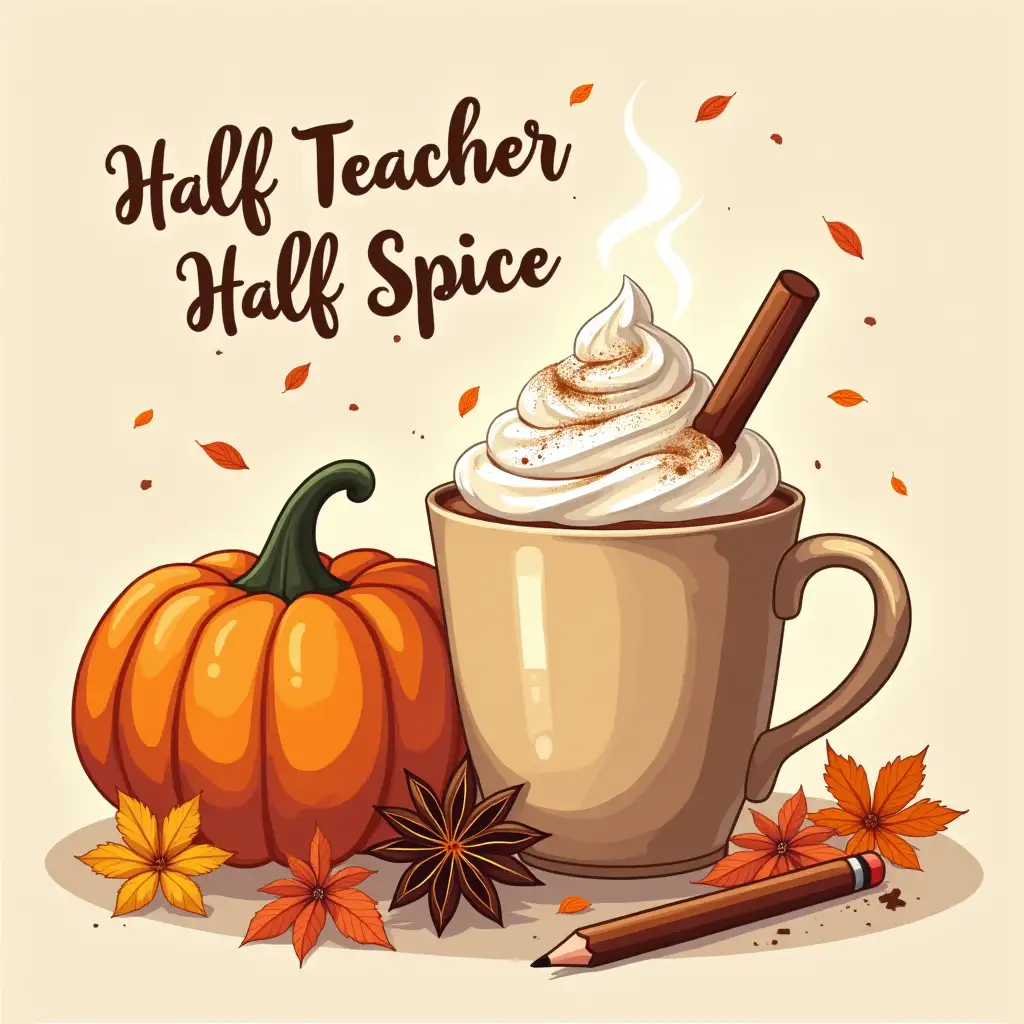 Vector illustration. the text 'Half Teacher Half Spice' above it. A steaming mug of pumpkin spice latte adorned with whipped cream and cinnamon, sitting beside a vibrant orange pumpkin. Scattered around are autumnal elements like flowers, star anise, and a pencil, creating a cozy and inviting atmosphere. 