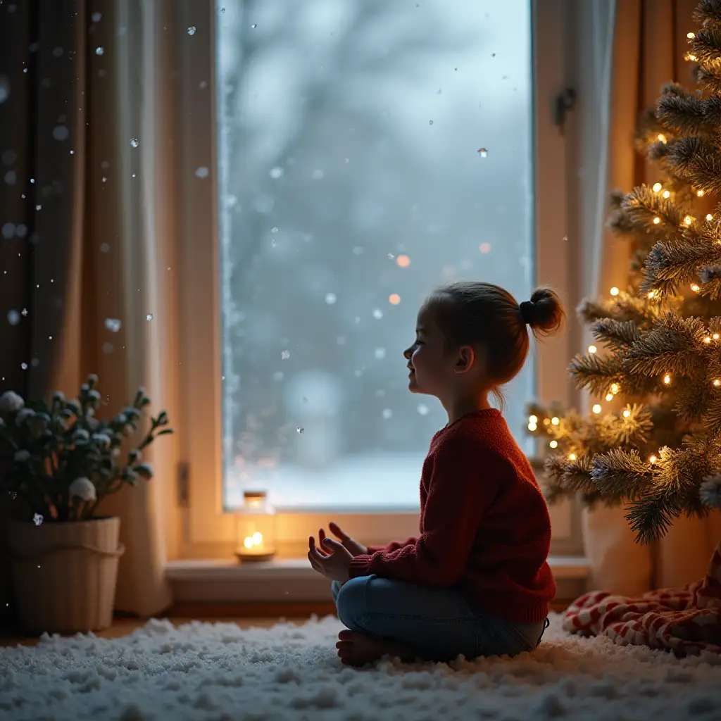 Neurodivergent-Child-Meditating-Under-a-Christmas-Tree-in-Peaceful-Winter-Setting