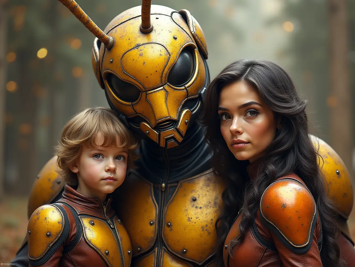 Ki-Fantasy family,Man,Woman, and Children, giant Ant-man face and with golden armor equipment