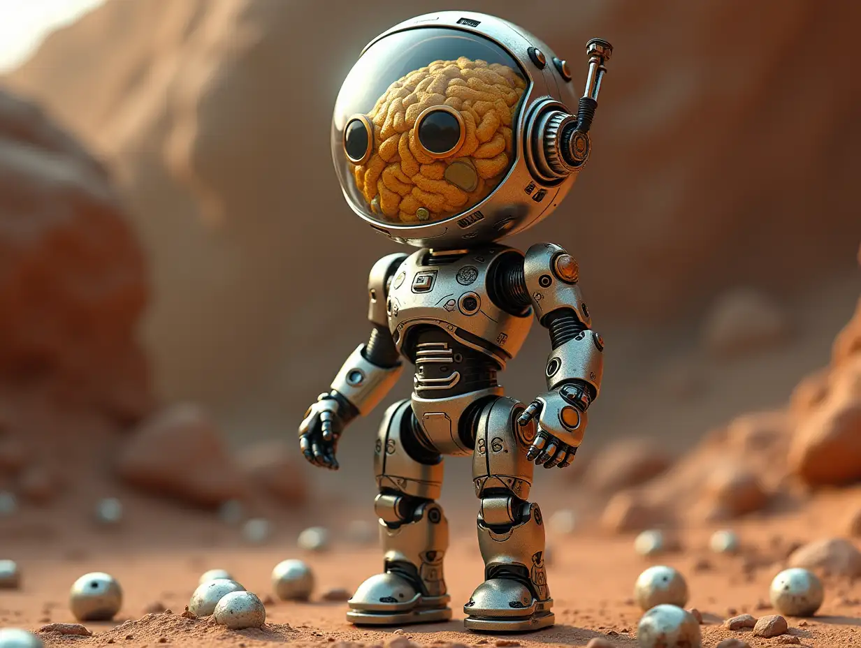 Create a high-resolution, realistic image of an artificial intelligence named Robert, three meters tall, with eyes, arms and legs, having gears on the cheeks and glass head with visible golden brain, screws with many glass spheres on the floor, Mars 4k resolution.