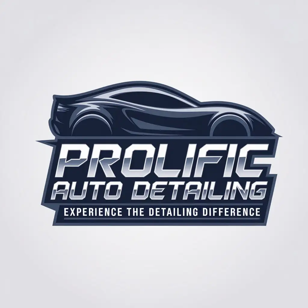 LOGO Design for Prolific Auto Detailing Streamlined Metallic Blue Car Silhouette with Bold Typography