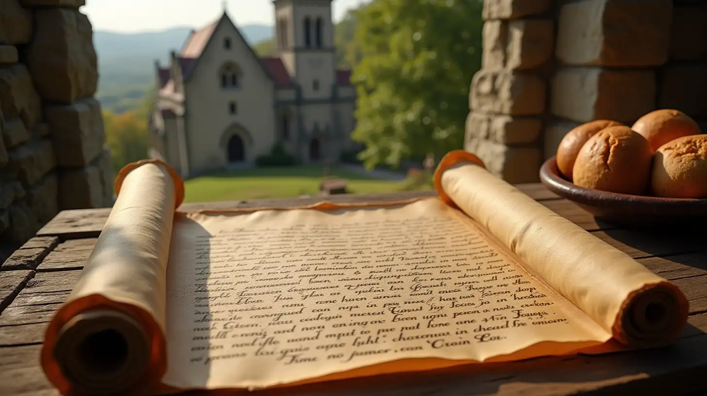 Ancient Parchment Scroll and Freshly Baked Bread with Stone Church View