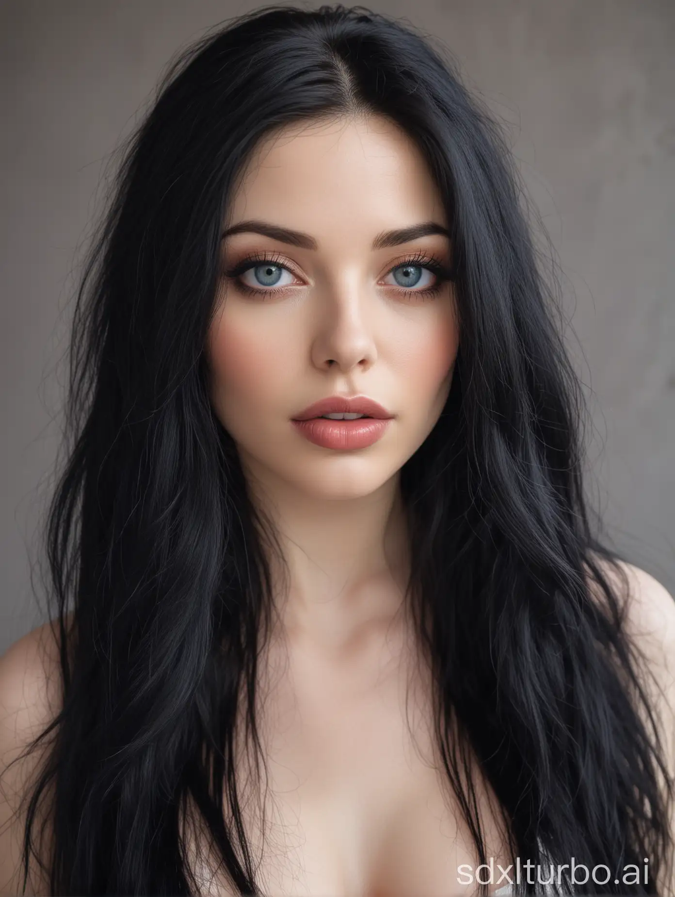 30 years old woman with sensual, big lips and long black hair, pale skin, dark blue  eyes, full length