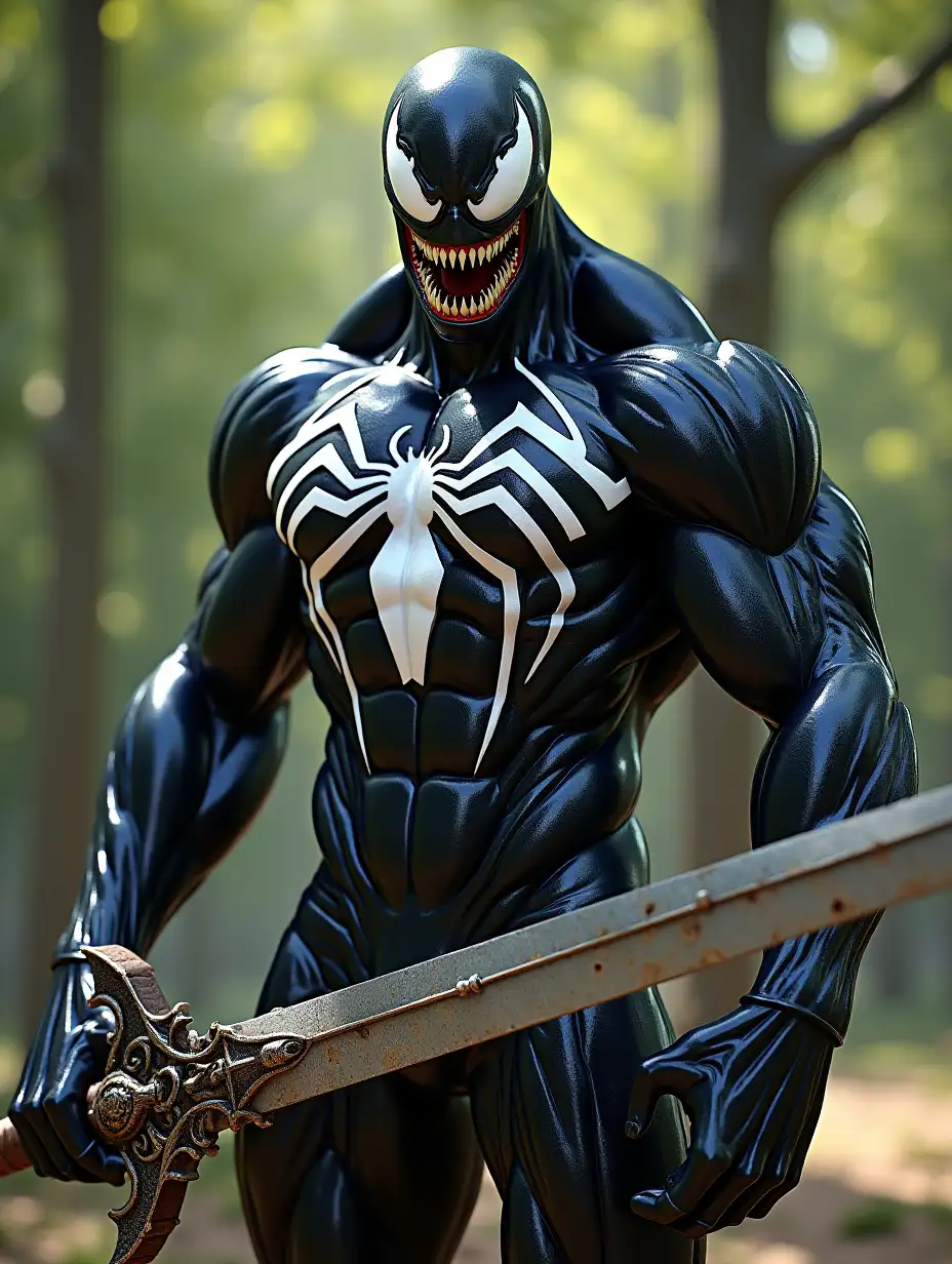 A highly detailed, ultra-realistic 3D-rendered 4K image of a monstrous symbiote warrior resembling Venom, standing in a park with blurred green trees in the background. His glossy black body showcases defined, muscular details with pulsating blue veins running along his arms. The signature white spider emblem stretches across his chest, contrasting sharply with his dark skin. His sinister grin reveals razor-sharp fangs, and his white eyes have an intense, menacing glare. He wields a massive, ancient sword with an intricate, ornate hilt and a heavily rusted, battle-worn blade. The lighting enhances the realism, with natural sunlight reflecting off his smooth, textured skin, adding depth and cinematic quality to the scene.