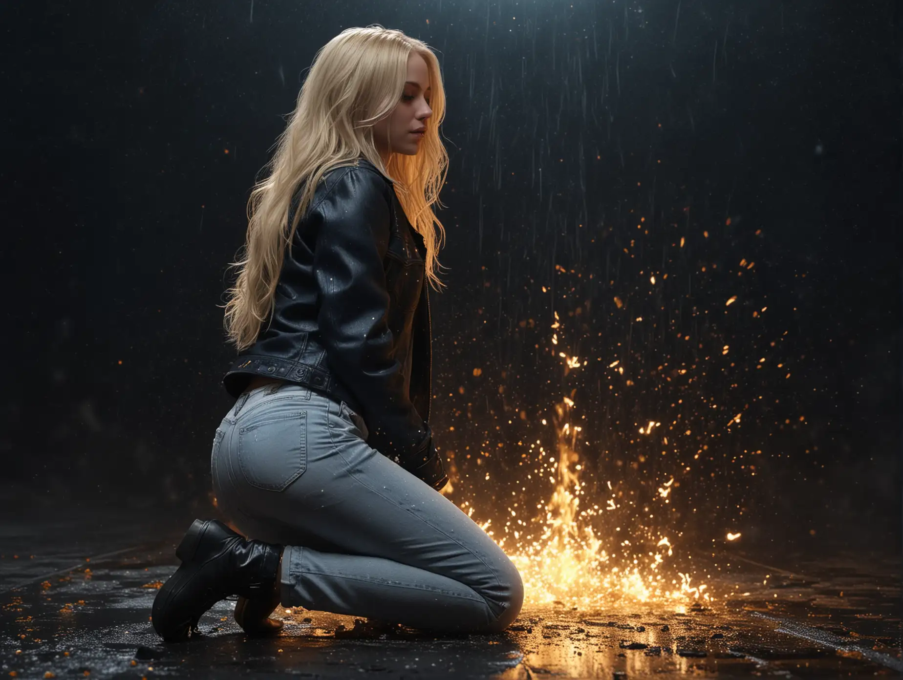 Blonde-Woman-Kneeling-in-Front-of-Fire-with-Golden-Sparkling-Rain