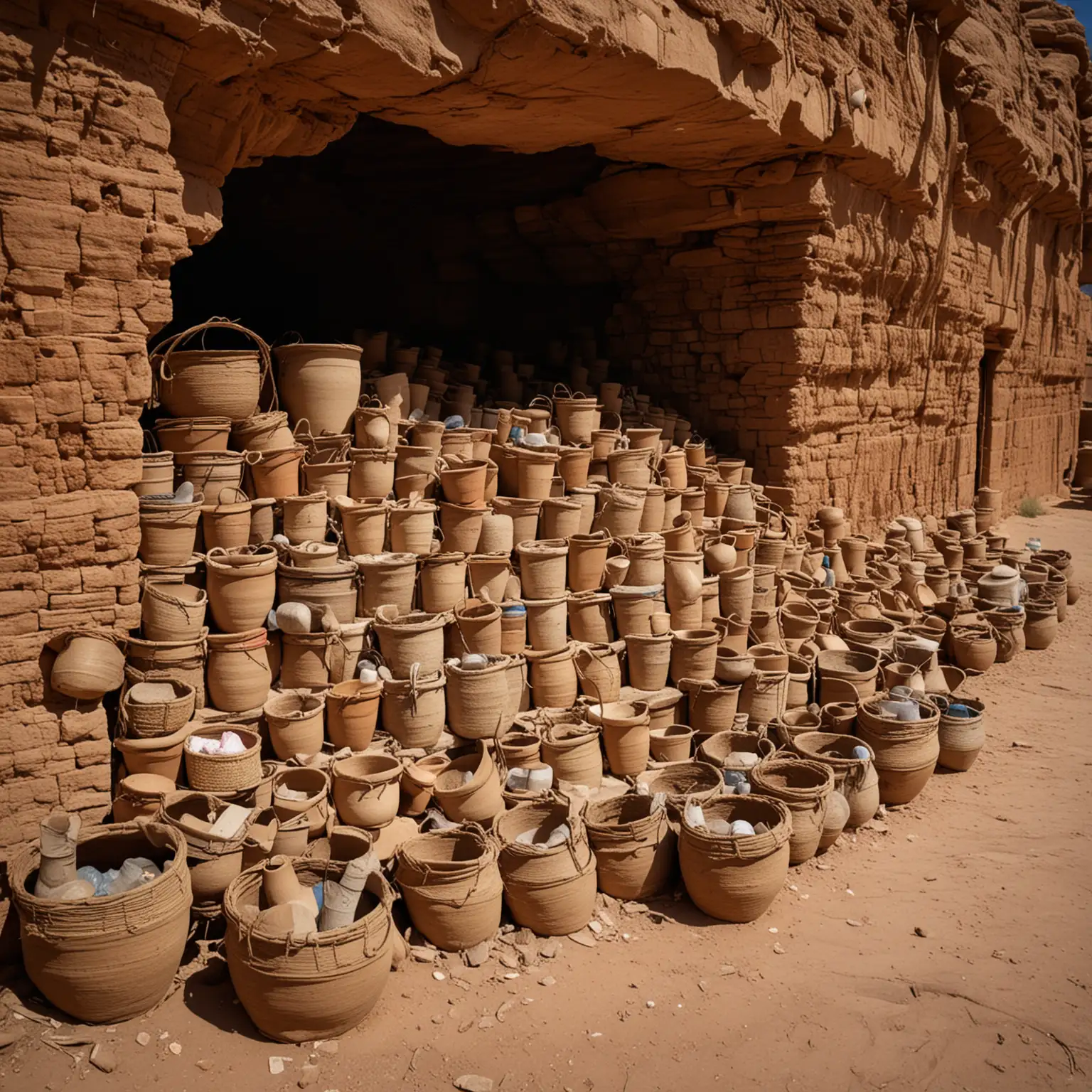 Ancient Burden Baskets and Pots Stacked in Desert Alcove